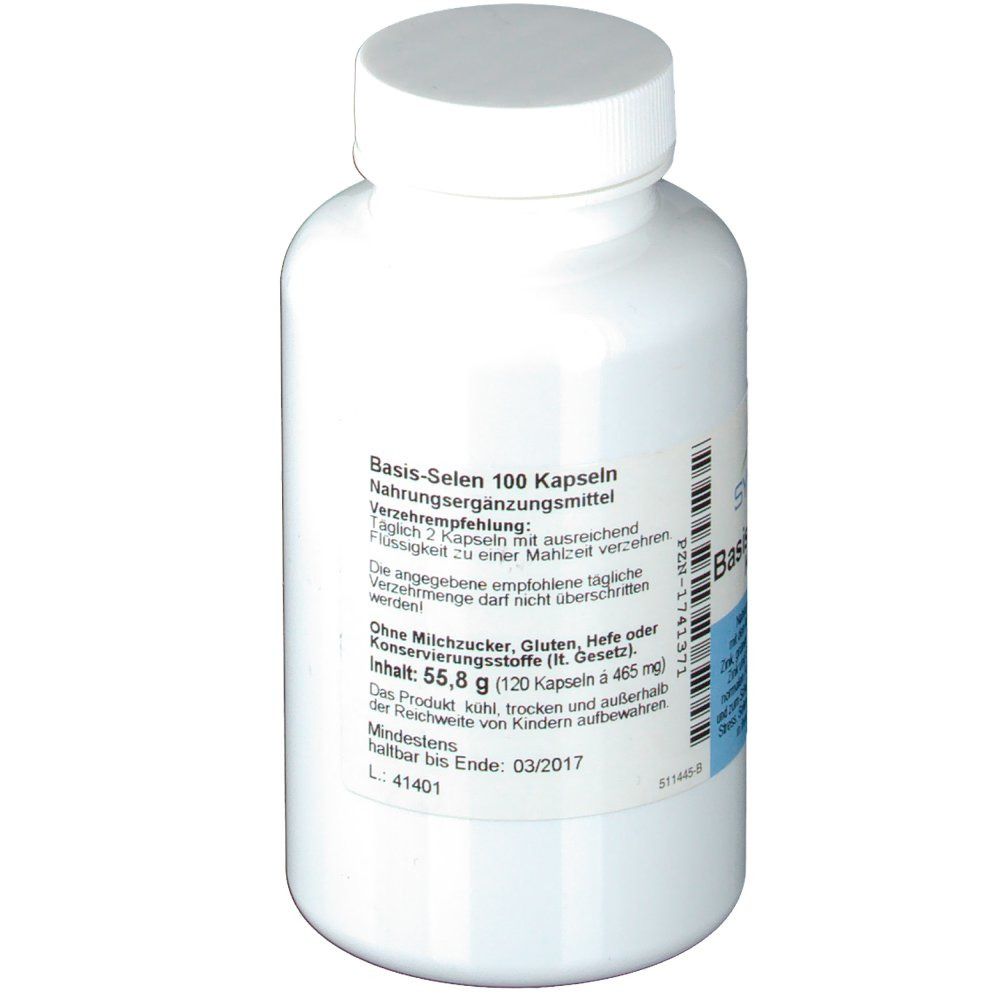 Flacon blanc avec bouchon à vis. Étiquette avec nom du produit : Basis-Selen 100 Kapseln. Date de péremption : 03/2017.