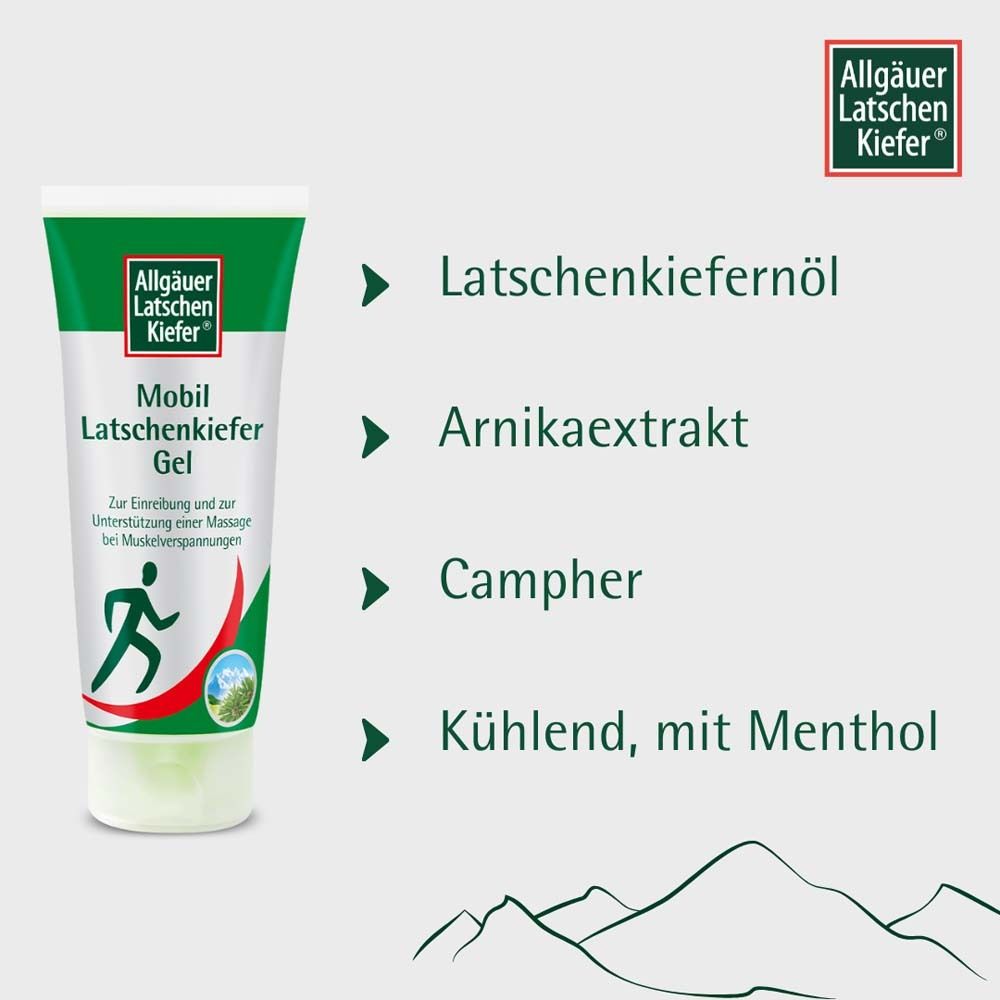 Tube Mobil Latschenkiefer Gel. Texte: Huile de pin de montagne, extrait d'arnica, camphre, rafraîchissant, avec menthol.