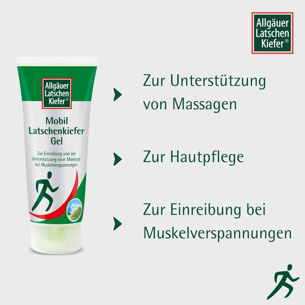 Tube Mobil Latschenkiefer Gel. Texte: Pour soutenir les massages, Pour le soin de la peau, Pour le frottement des tensions musculaires.
