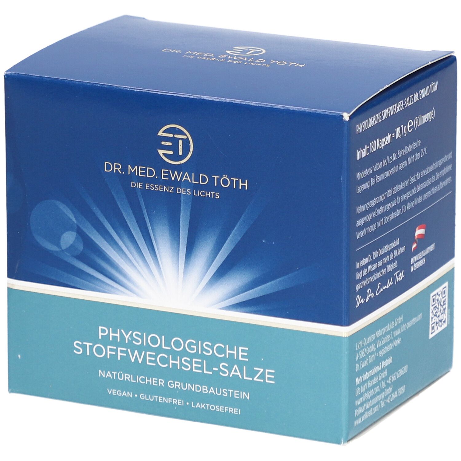 Blau-weiße Schachtel mit Produktnamen und Logo. Text: Physiologische Stoffwechsel-Salze, Dr. Med. Ewald Töth. Vegan, glutenfrei, laktosefrei.