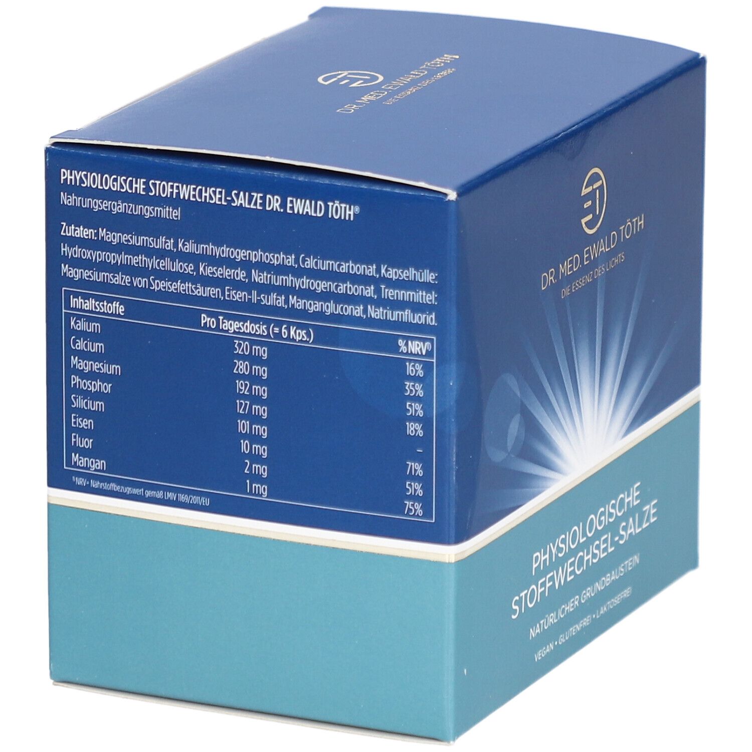 Blaue Schachtel mit Inhaltsstoff- und Nährwertangaben. Text: Physiologische Stoffwechsel-Salze Dr. Ewald Töth. Enthält Magnesiumsulfat, Kalium u.a.