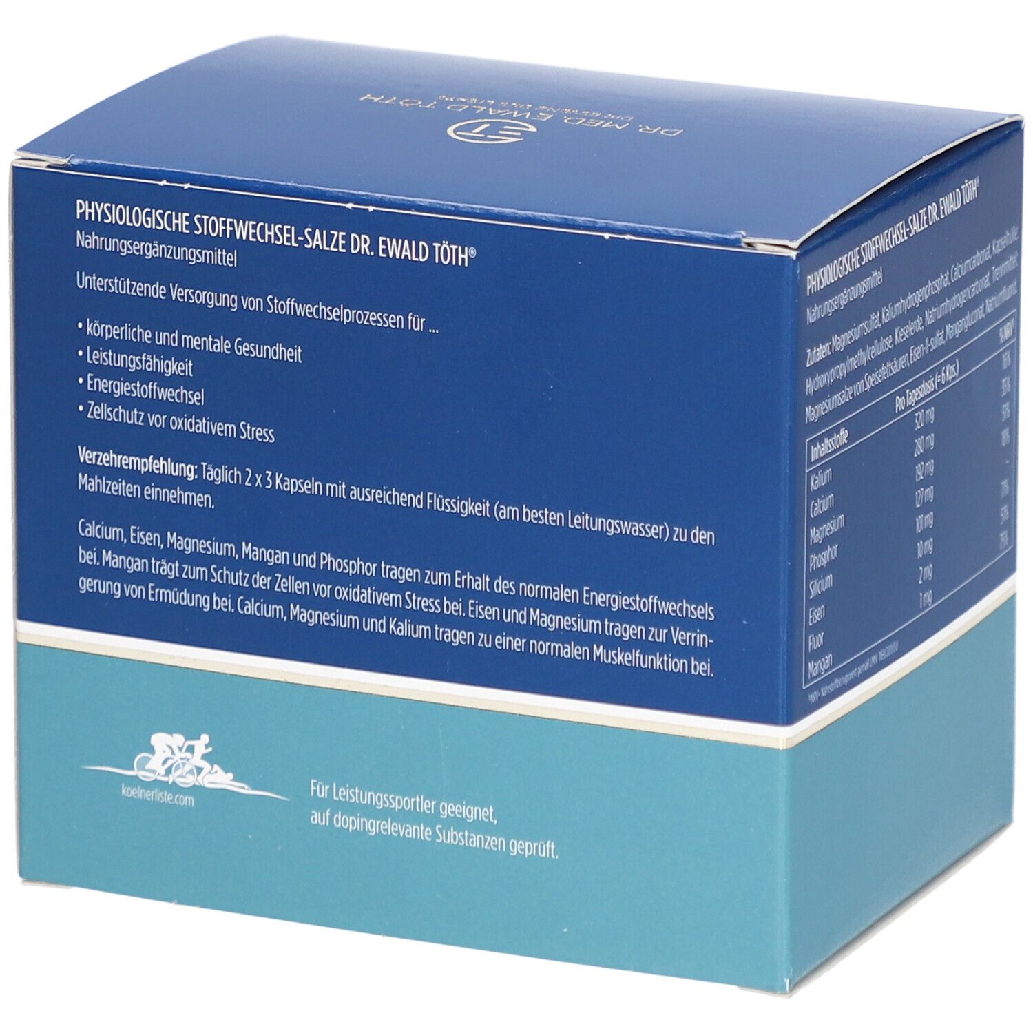 Blaue Schachtel mit Text. Text: Physiologische Stoffwechsel-Salze Dr. Ewald Töth. Verzehrempfehlung: 2x3 Kapseln. Für Leistungssportler geeignet.