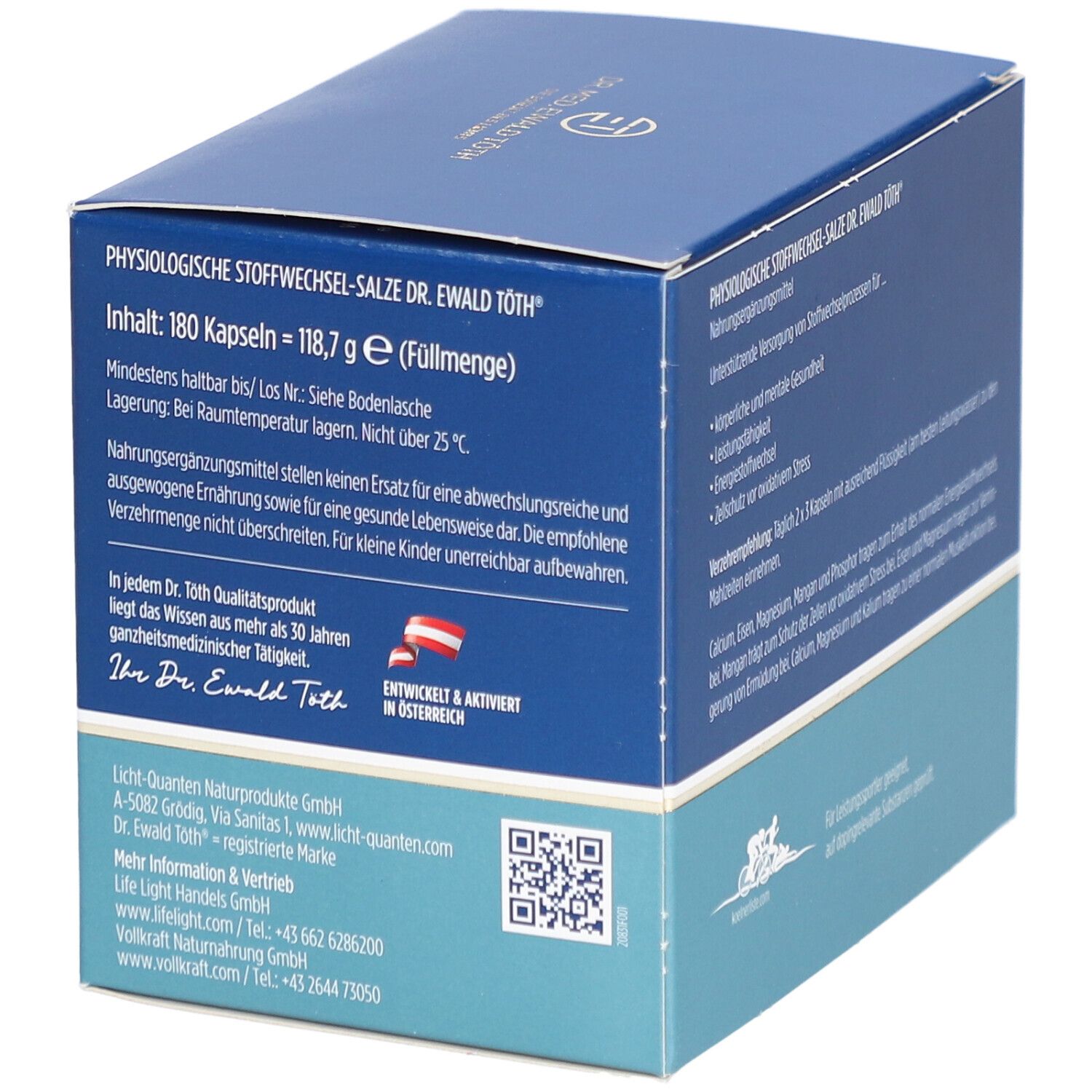 Blaue Schachtel mit Text. Text: Physiologische Stoffwechsel-Salze Dr. Ewald Töth. Inhalt: 180 Kapseln. Hergestellt in Österreich.
