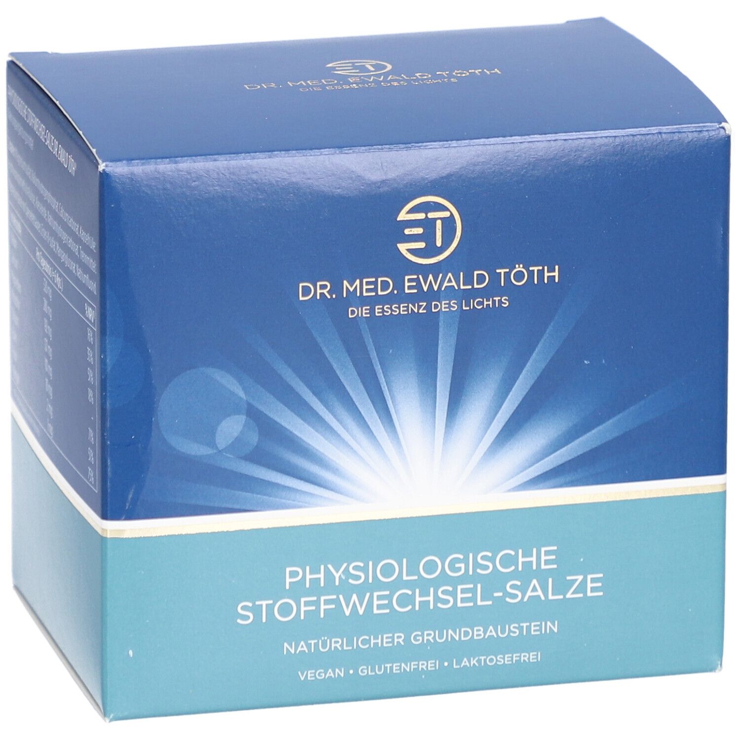 Blaue und weiße Schachtel mit Produktnamen und Logo. Text: Physiologische Stoffwechsel-Salze, Dr. Med. Ewald Töth. Vegan, glutenfrei, laktosefrei.