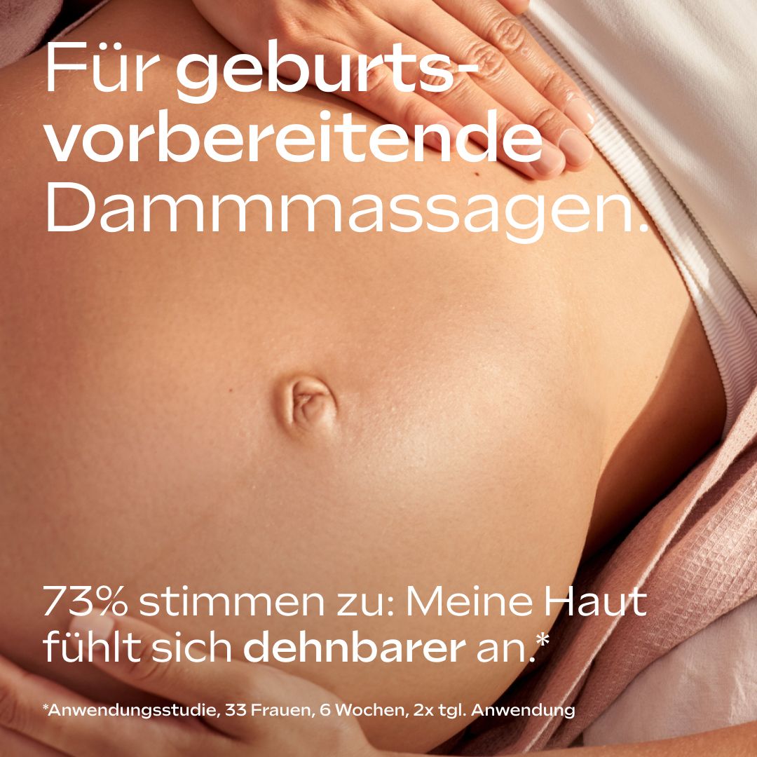 Schwangere Frau hält ihren Bauch. Text: Für geburtsvorbereitende Damm-massagen. 73% stimmen zu: Meine Haut fühlt sich dehnbarer an.