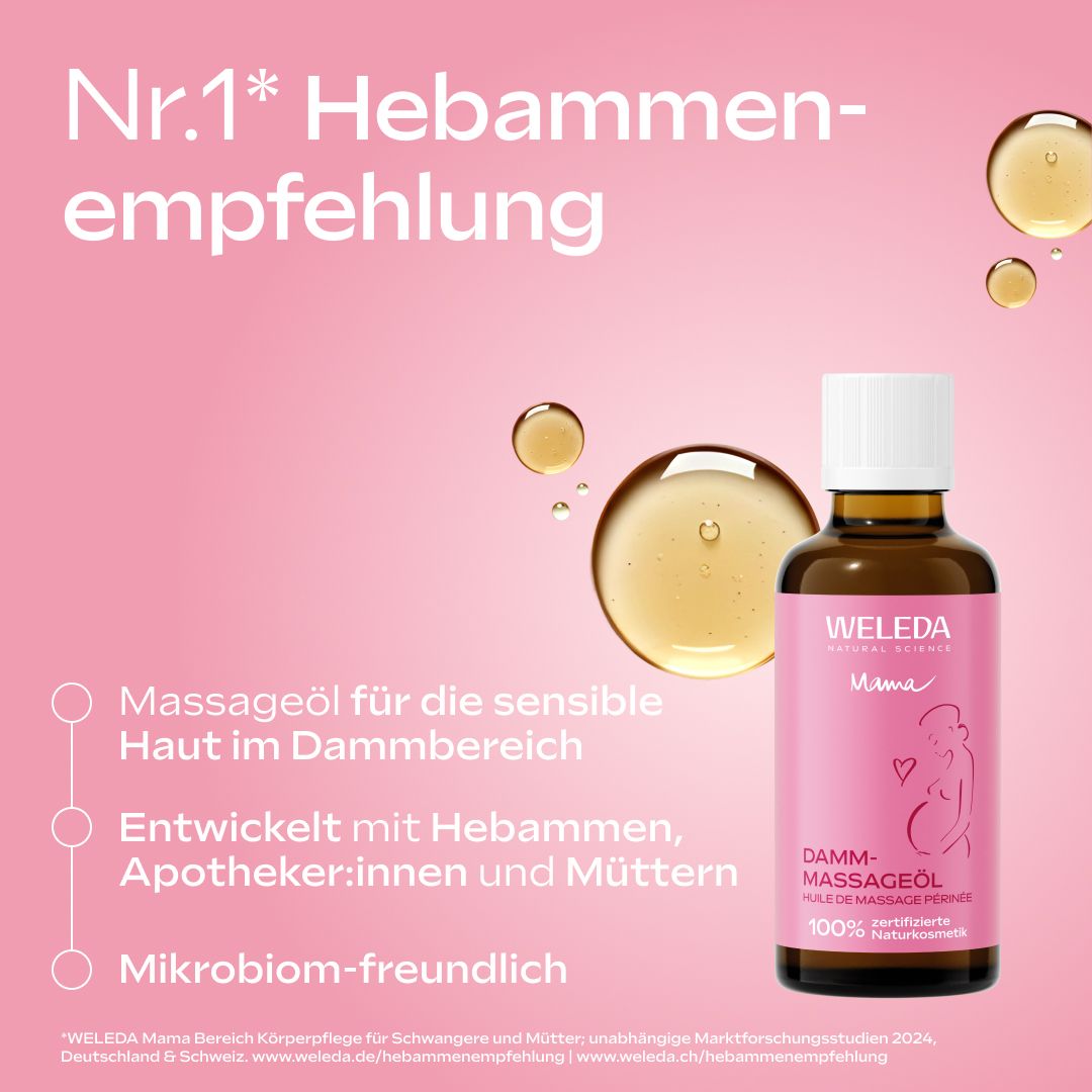 Weleda Mama Damm-Massageöl und Tropfen Öl. Text: Nr.1 Hebammenempfehlung. Massageöl für die sensible Haut im Dammbereich.