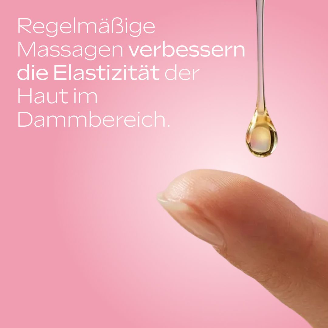 Tropfen Öl auf einem Finger. Text: Regelmäßige Massagen verbessern die Elastizität der Haut im Dammbereich.