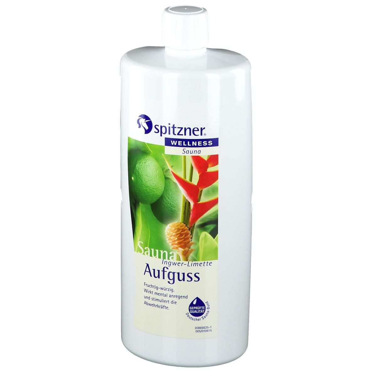 Flacon blanc avec étiquette. Étiquette : citrons verts, gingembre, infusion de sauna. Marque : Spitzner Wellness Sauna.