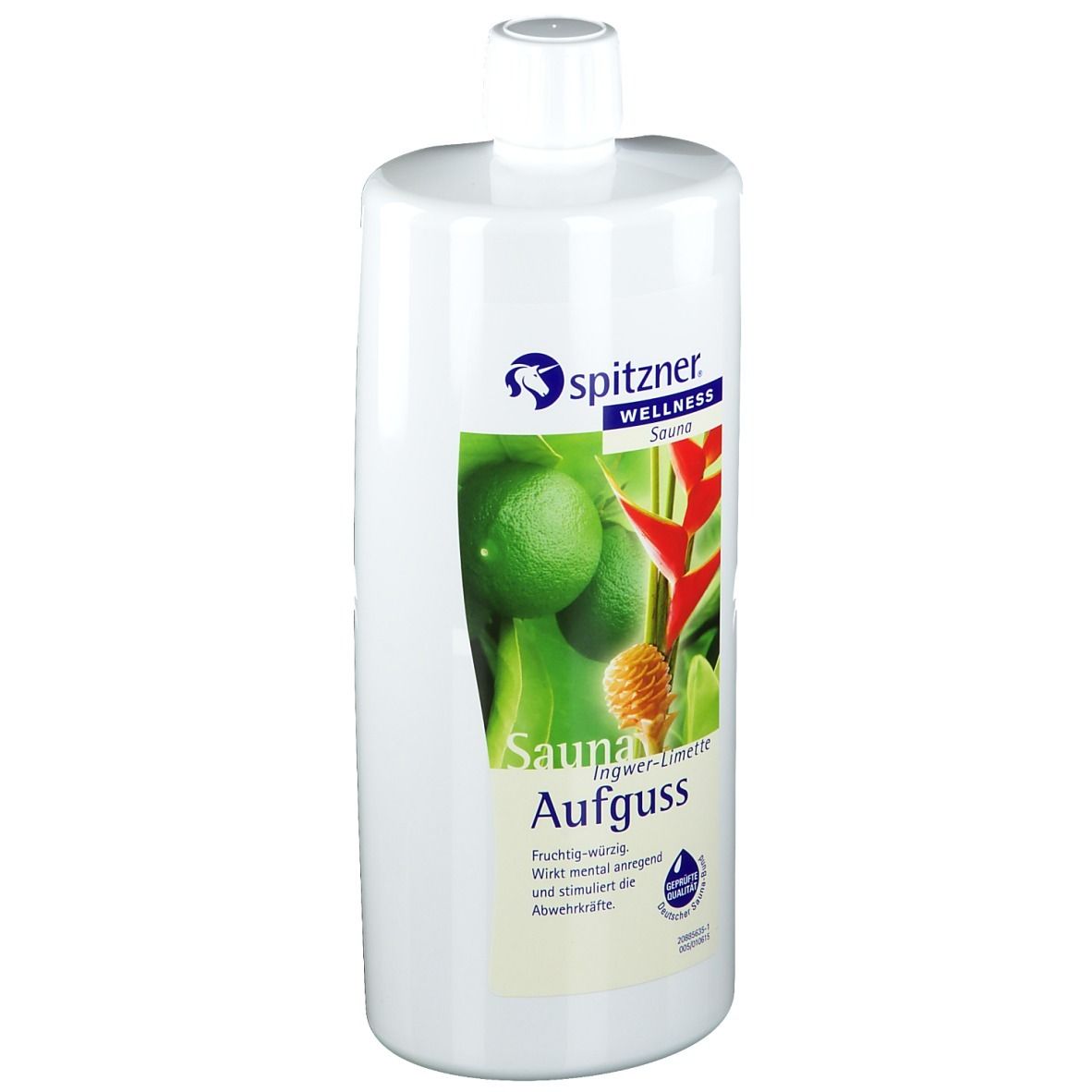 Flacon blanc avec étiquette. Étiquette : citrons verts, gingembre, infusion de sauna. Marque : Spitzner Wellness Sauna.