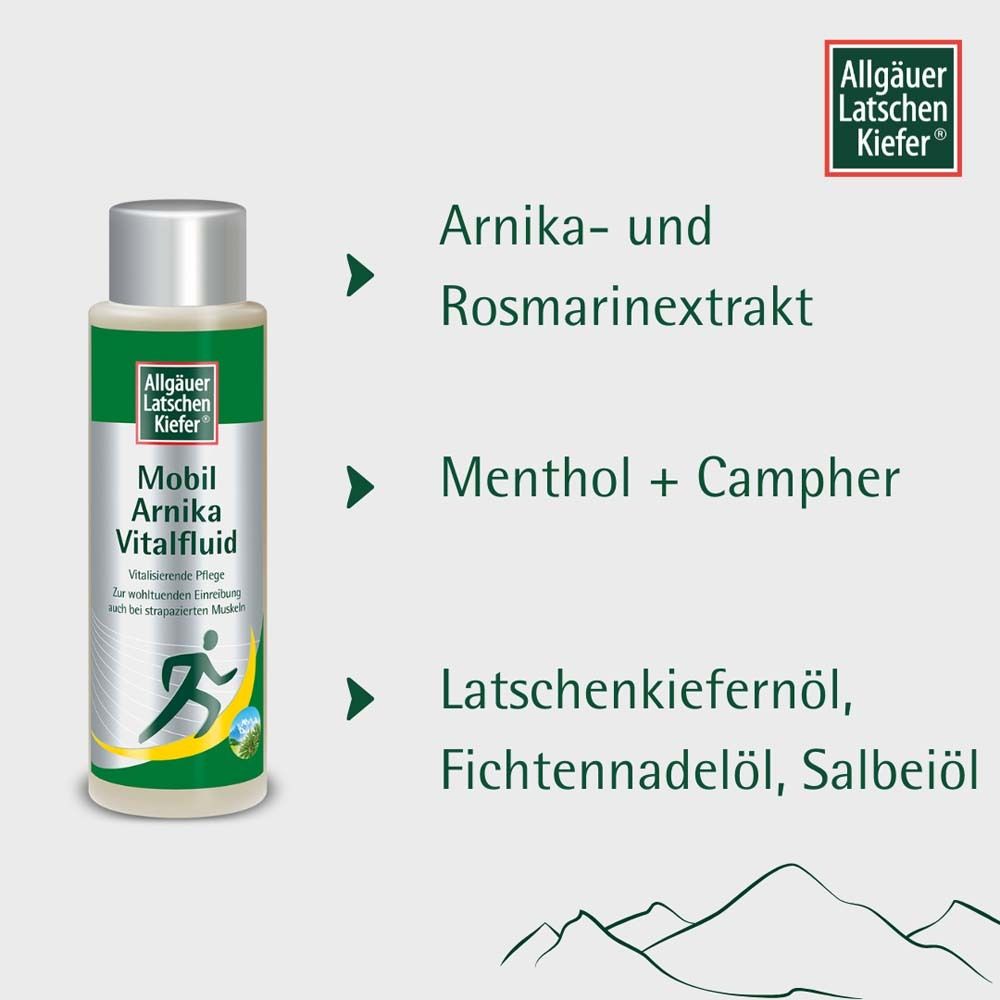 Flacon avec étiquette vert et argent. Texte : Mobil Arnika Vitalfluid. Ingrédients : Arnica, romarin, menthol, camphre, pin de montagne.