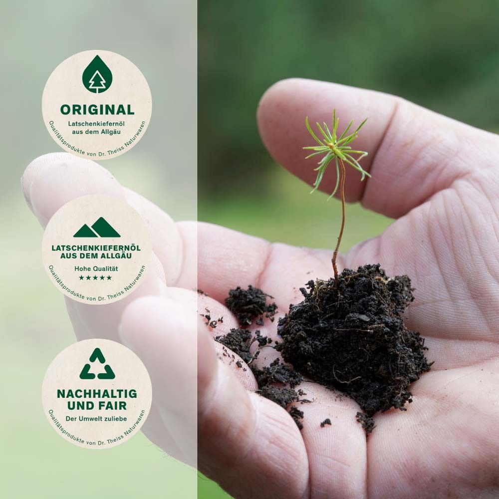 Main tenant un plant. Logos : Original, haute qualité, durable et équitable. Marque : Dr. Theiss Naturwaren.