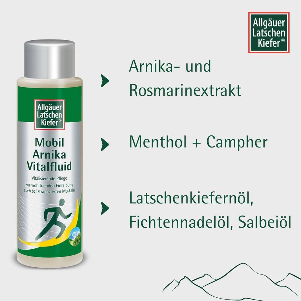 Flacon de produit avec ingrédients: Extrait d'arnica et de romarin, Menthol + Camphre, Huile de pin de montagne, Huile d'aiguilles de sapin, Huile de sauge.