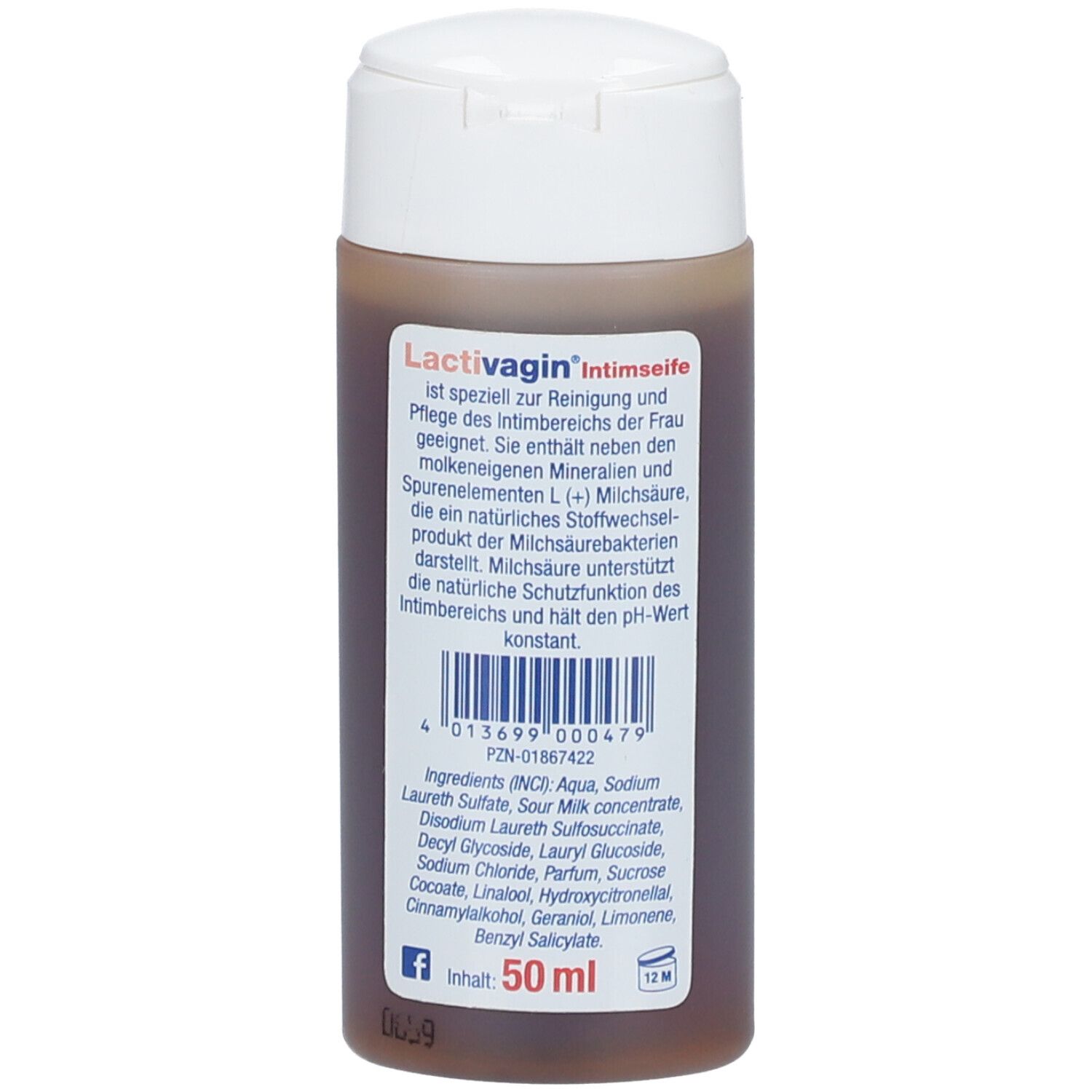 Flacon marron avec bouchon blanc. Informations produit, ingrédients et indication 50 ml au dos. Lactivagin Intimseife.