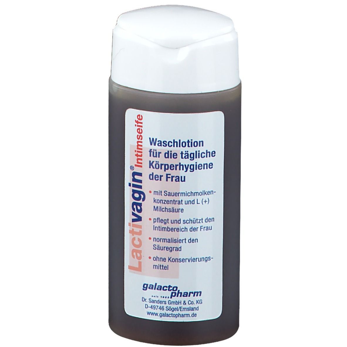 Flacon marron avec bouchon blanc. Inscription: Lactivagin Intimseife, lotion lavante pour l'hygiène quotidienne féminine.