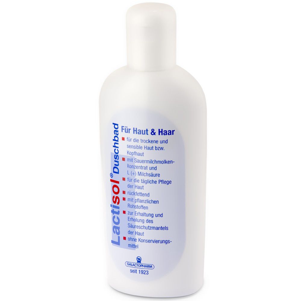 Flacon blanc de Lactisol Duschbad. Étiquette avec informations produit et texte Lactisol. Logo Galacto-pharm.