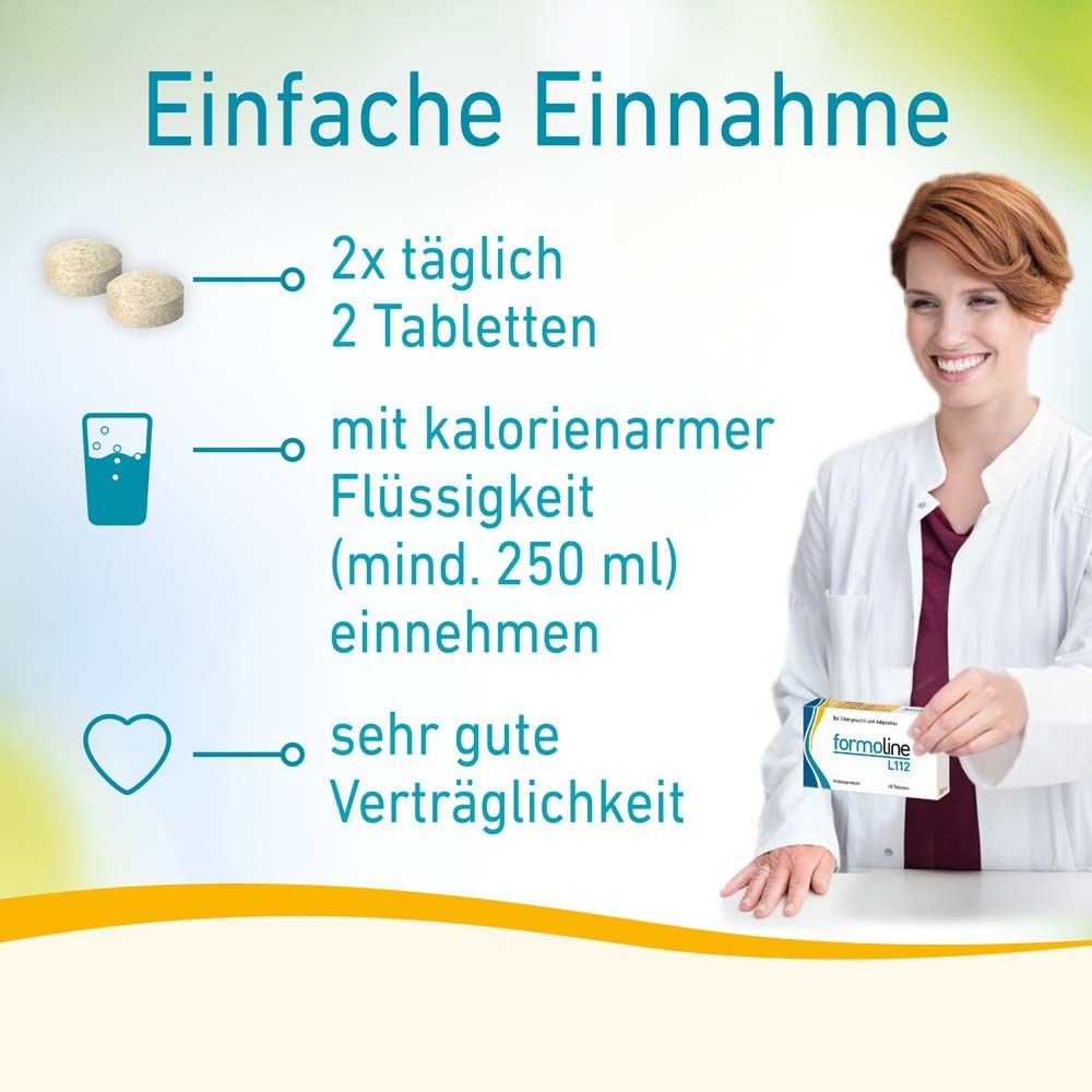 Grafische Darstellung der Einnahme. 2 Tabletten, 2x täglich. Mit kalorienarmer Flüssigkeit. Sehr gute Verträglichkeit.