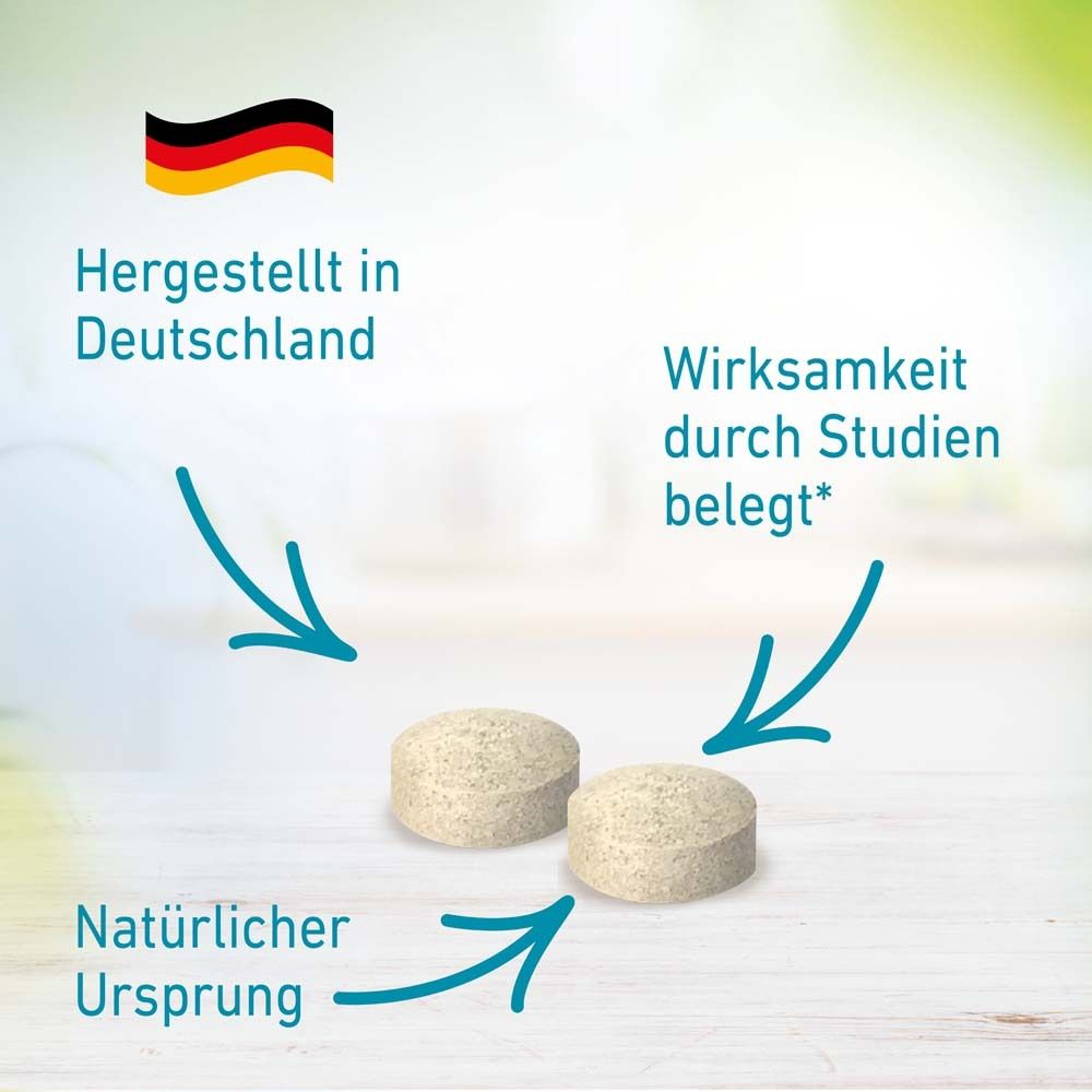 Zwei Tabletten und Pfeile mit Text. Hergestellt in Deutschland. Natürlicher Ursprung. Wirksamkeit durch Studien belegt.