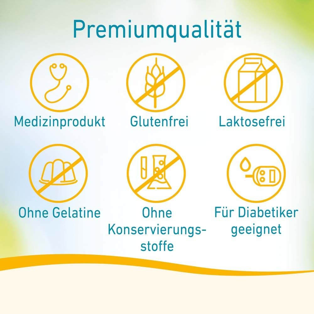 Symbole: Medizinprodukt, glutenfrei, laktosefrei, ohne Gelatine, ohne Konservierungsstoffe, für Diabetiker geeignet.