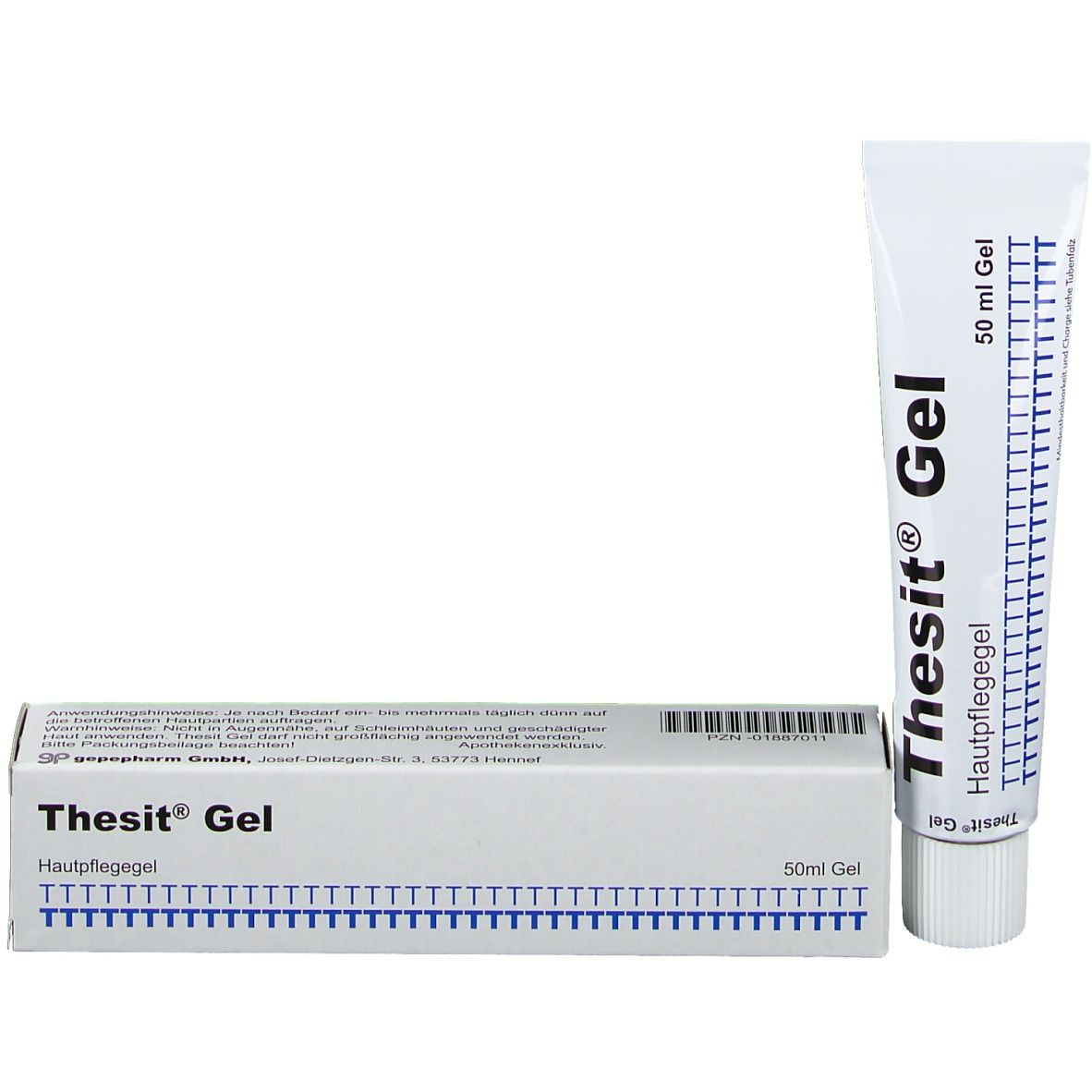 Thesit® Gel-Tube und Schachtel. Tube: weiß, blaue Skala, 50 ml. Schachtel: weiß, blaue Schrift, Produktname.