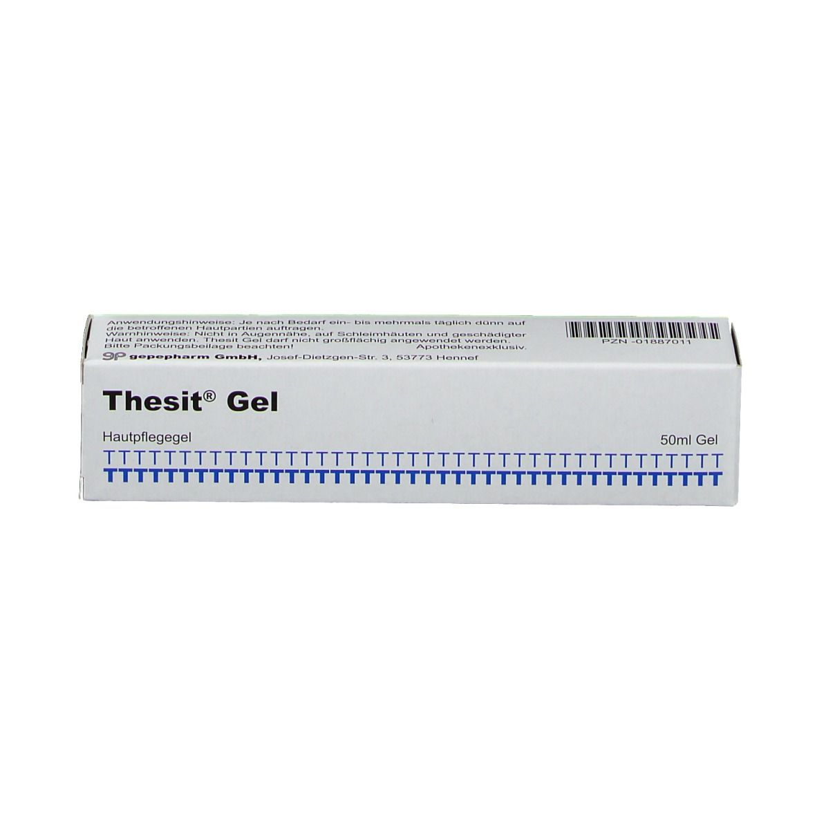 Weiße Schachtel mit Thesit® Gel-Aufschrift. Blaue Schrift und Skala. 50 ml Gel-Angabe.