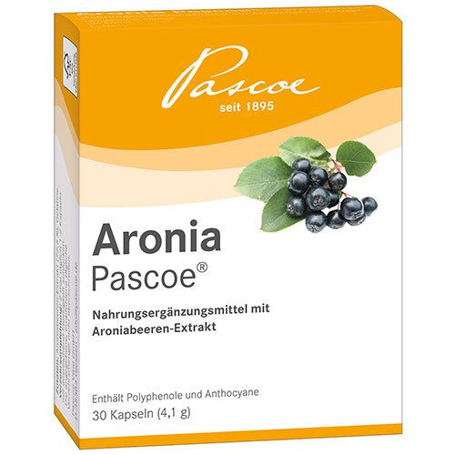 Boîte d'Aronia Pascoe® Kapseln. Carton orange avec nom du produit, illustration de baies d'aronia et logo Pascoe.