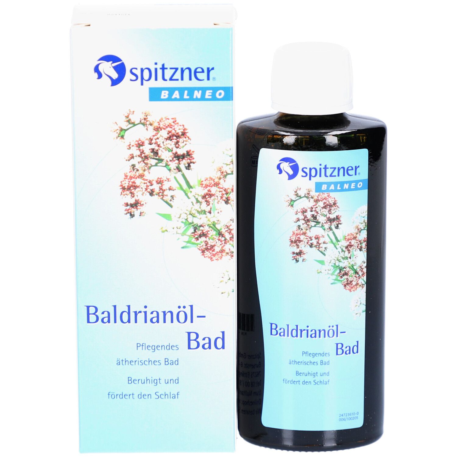 Flacon et emballage du produit. Flacon avec bouchon blanc, emballage avec nom du produit et logo. Texte : Baldrianöl-Bad.