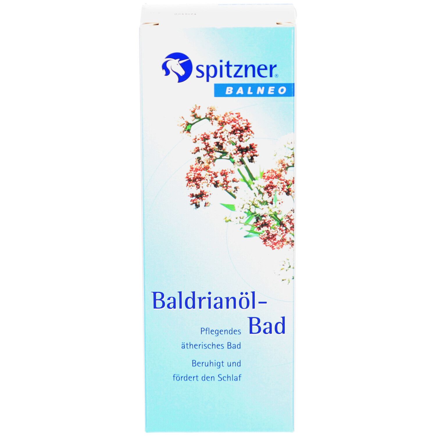 Emballage avec nom du produit et logo. Texte : Baldrianöl-Bad, apaise et favorise le sommeil. Illustration de fleurs.