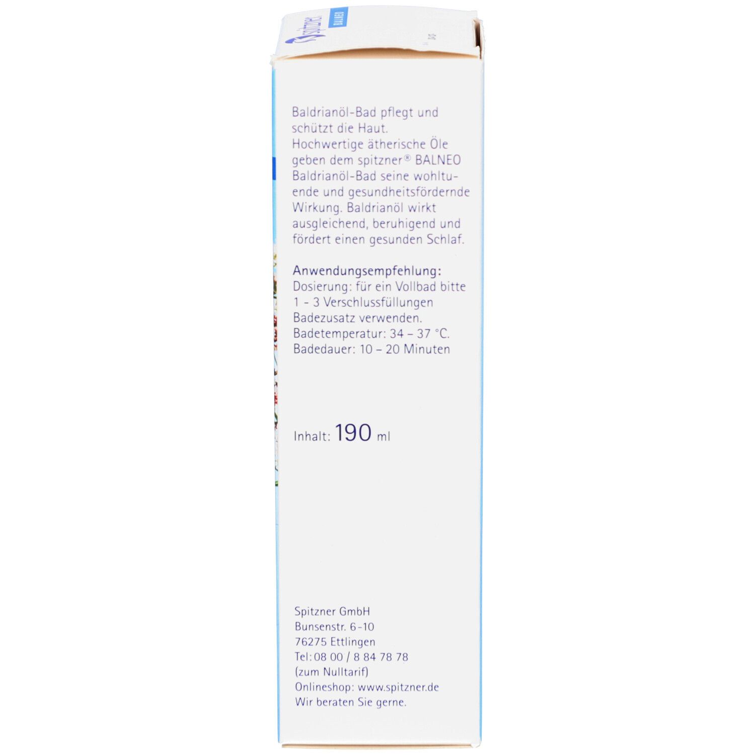 Vue latérale de l'emballage. Texte : Baldrianöl-Bad, recommandations d'utilisation, ingrédients. Coordonnées du fabricant.