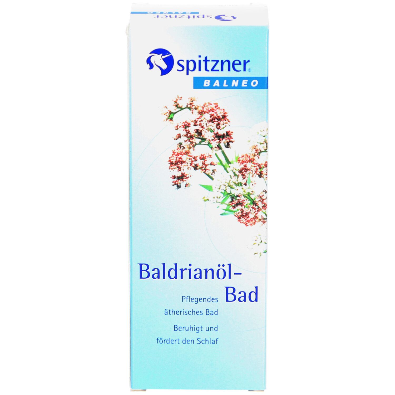Face avant de l'emballage. Texte : Baldrianöl-Bad, apaise et favorise le sommeil. Illustration de fleurs et logo.