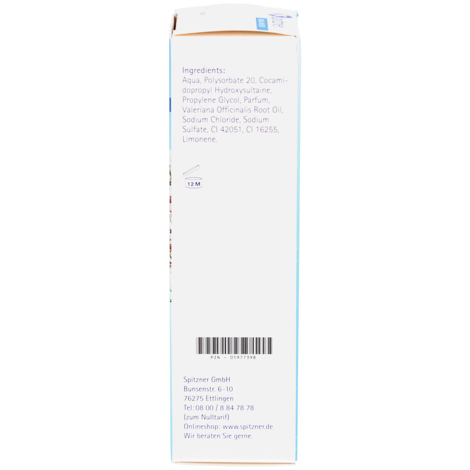 Dos de l'emballage. Texte : Ingrédients, coordonnées du fabricant, code-barres. Symbole 12M.