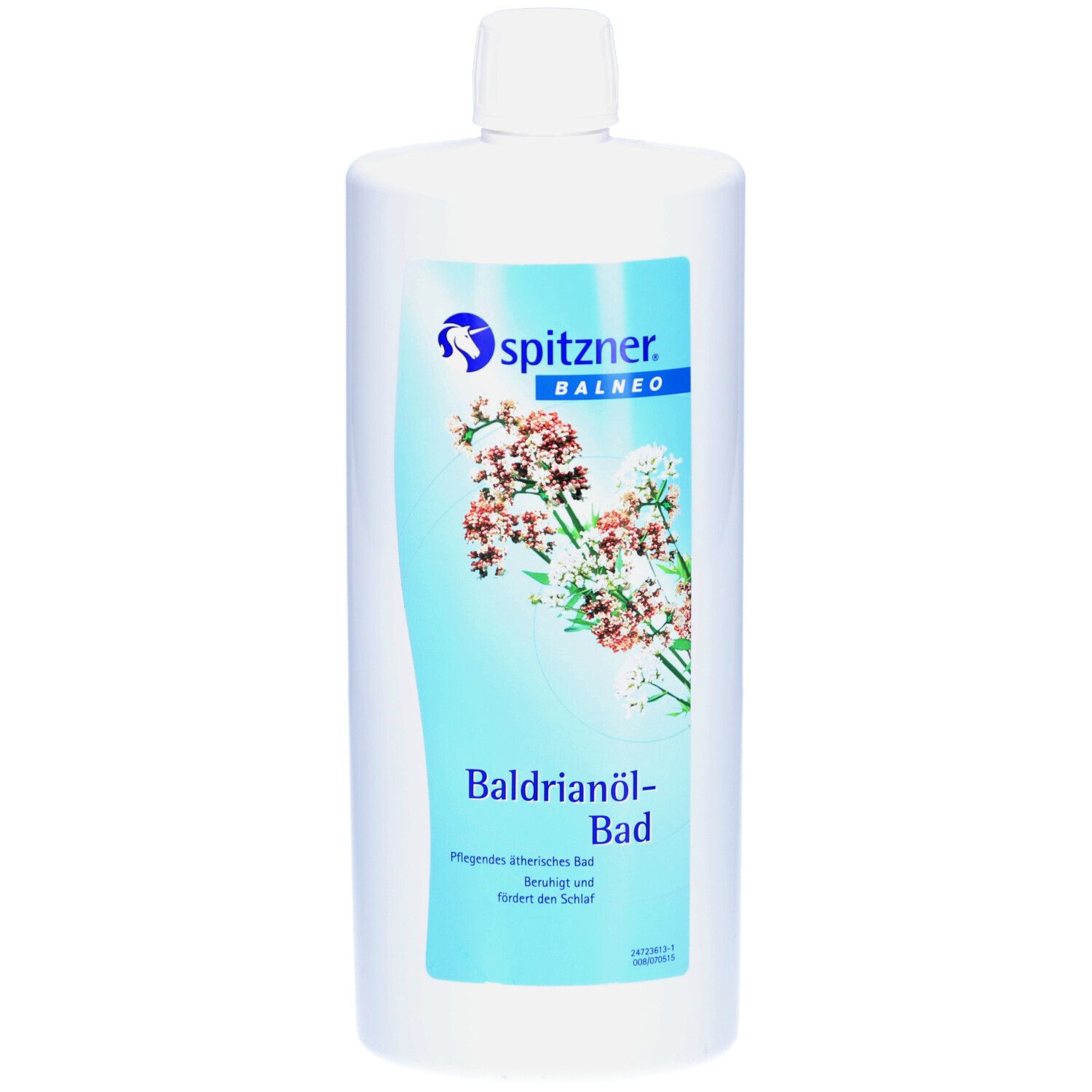 Flacon blanc Spitzner Balneo Baldrianöl-Bad. Étiquette avec motif floral et nom du produit.