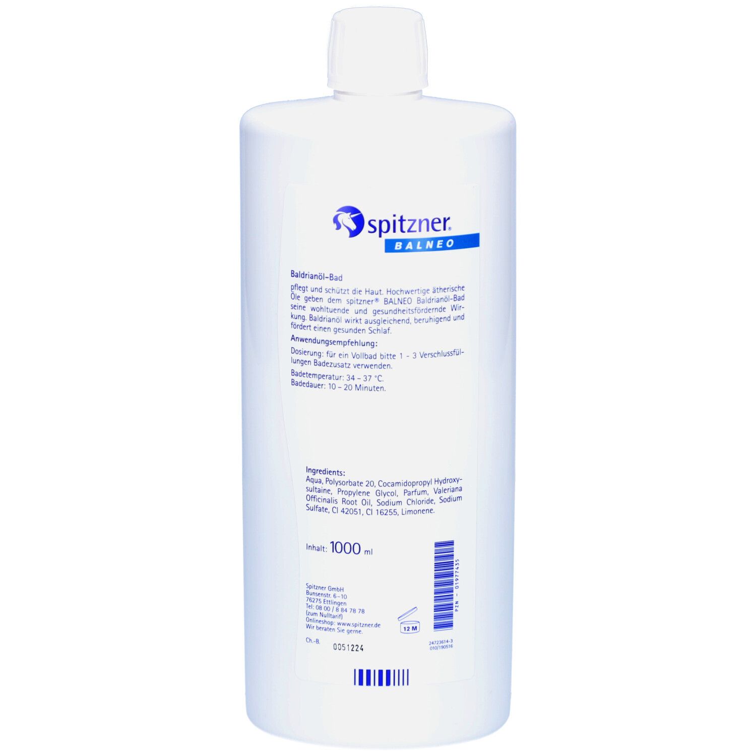 Dos du flacon blanc Spitzner Balneo Baldrianöl-Bad. Texte avec ingrédients et instructions d'utilisation.