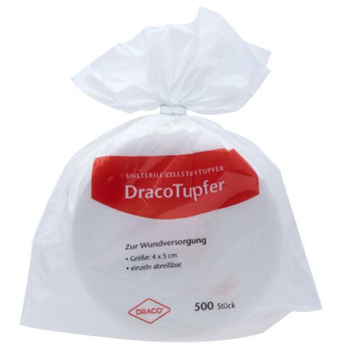 Tampons de cellulose blancs dans un emballage plastique. Étiquette rouge avec "DracoTupfer", "4 x 5 cm", "500 Stück".