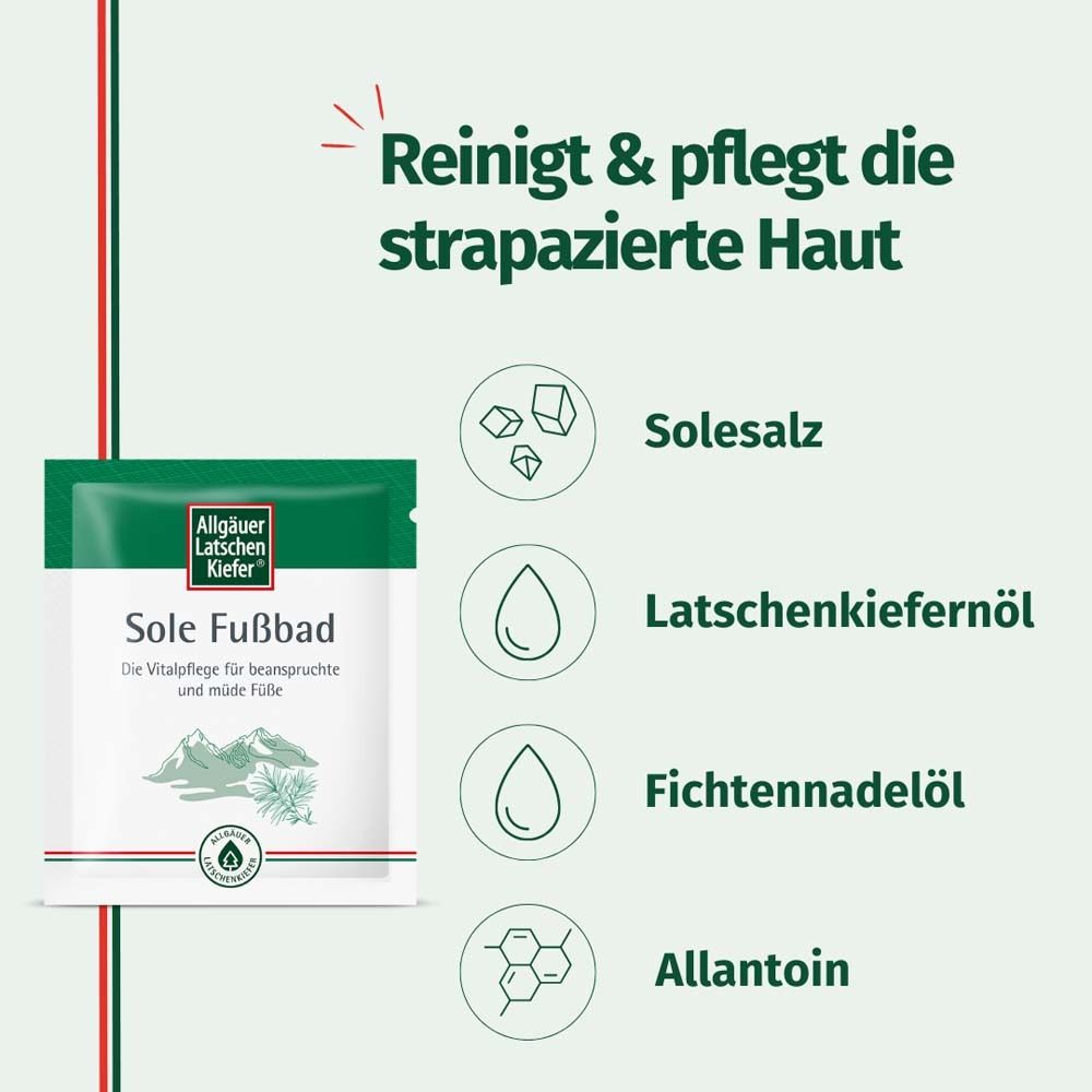 Inhaltsstoffe des Fußbades. Solezalz, Latschenkieferöl, Fichtennadelöl und Allantoin. Produktverpackung im Hintergrund.