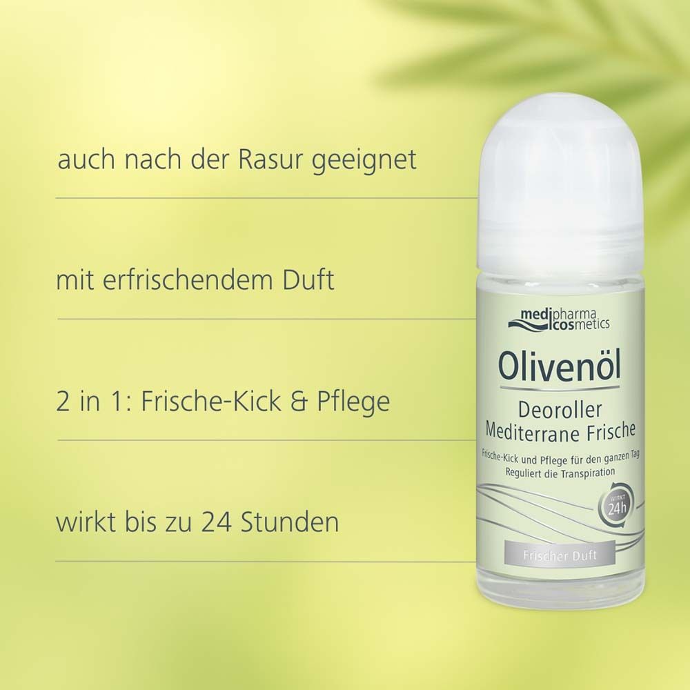 Roll-on déodorant avec texte. Lignes de texte : convient après le rasage, parfum rafraîchissant, 2 en 1 : coup de frais & soin, dure jusqu'à 24 heures.