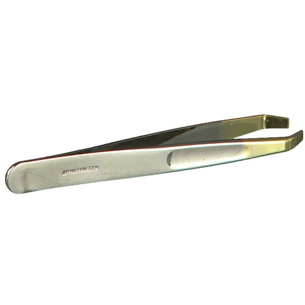 Pinzette, silberfarben. Spitze abgeschrägt. ZWILLING Schriftzug. Metall. Auf weißem Hintergrund.