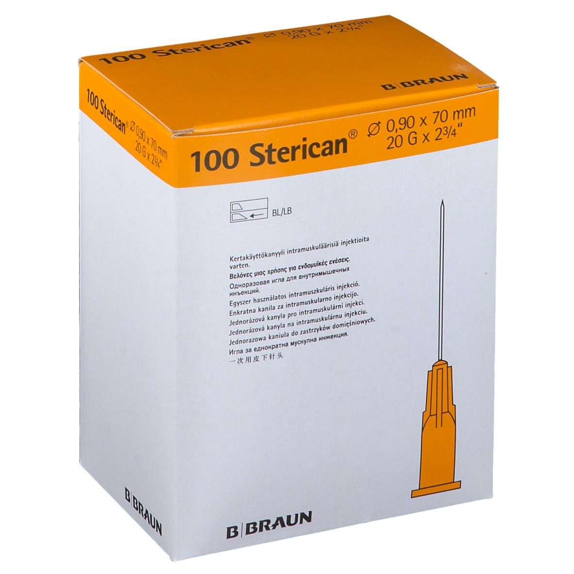 Packung mit 100 Sterican® Injektionskanülen. Gelbe Kanüle, 0,90 x 70 mm, 20 G x 2 3/4 Zoll. B. Braun Logo.