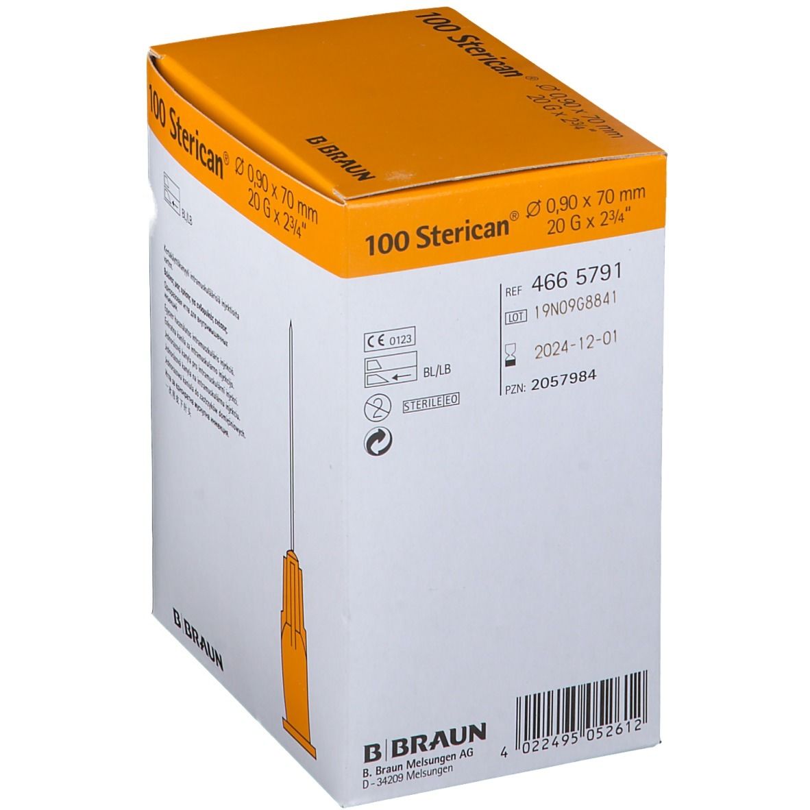 Packung mit 100 Sterican® Injektionskanülen. Gelbe Kanüle, 0,90 x 70 mm, 20 G x 2 3/4 Zoll. B. Braun Logo. Ref. 466 5791.