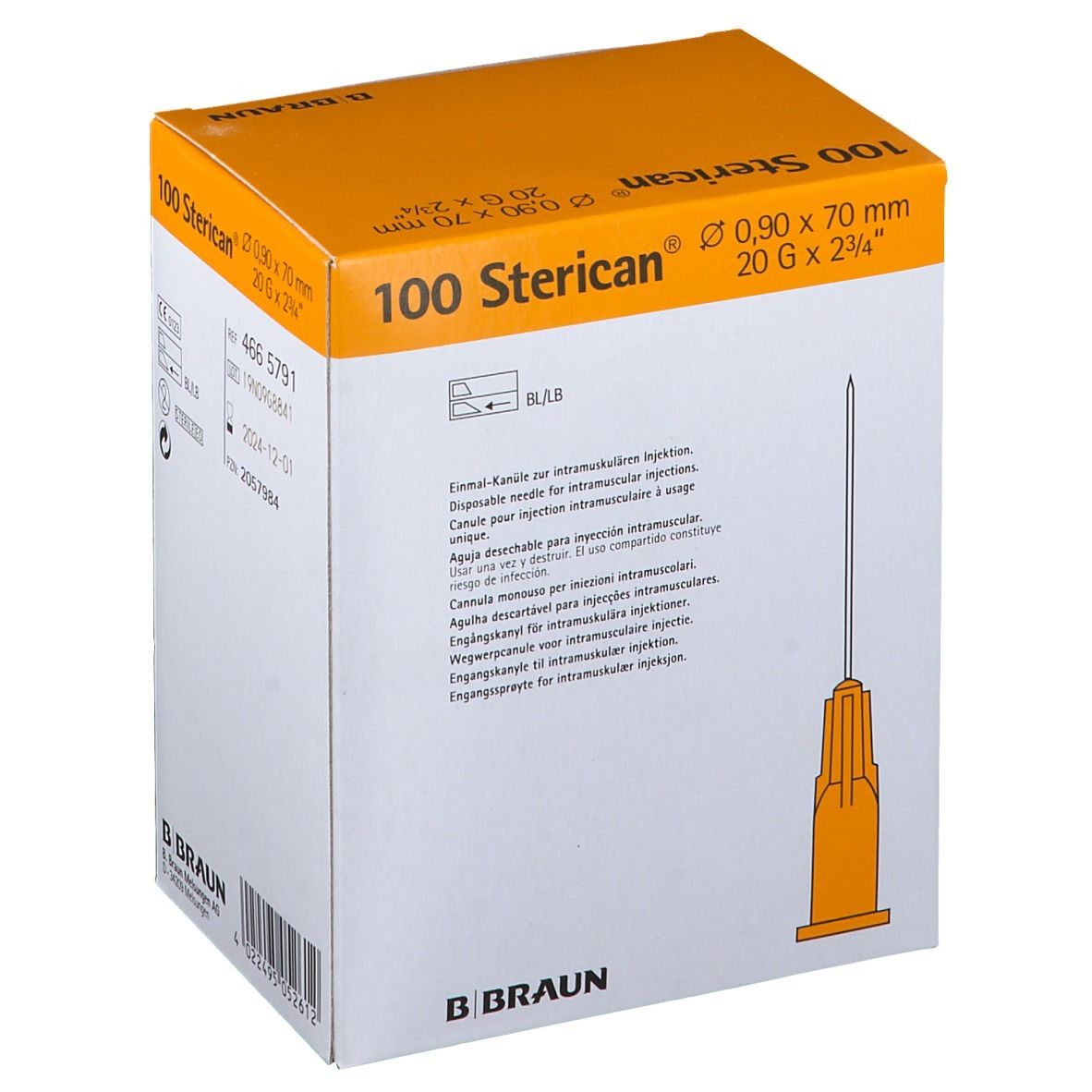 Packung mit 100 Sterican® Injektionskanülen. Gelbe Kanüle, 0,90 x 70 mm, 20 G x 2 3/4 Zoll. B. Braun Logo. Mehrsprachiger Text.