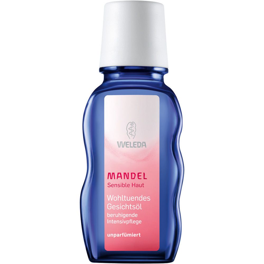 Weleda Huile Visage Amande, flacon bleu avec bouchon blanc. Étiquette rose. Texte: Amande, peau sensible, huile visage apaisante.