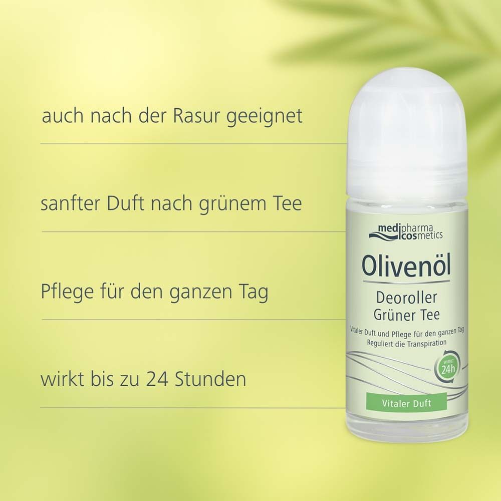 Déodorant roll-on Olivenöl et Thé Vert. Texte: Convient après rasage, parfum doux, soin toute la journée, agit jusqu'à 24 heures.