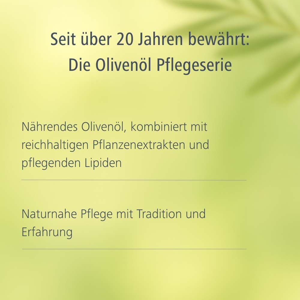 Texte: Éprouvé depuis plus de 20 ans: La gamme de soins Olivenöl. Huile d'olive nourrissante, combinée à des extraits de plantes. Soin naturel.