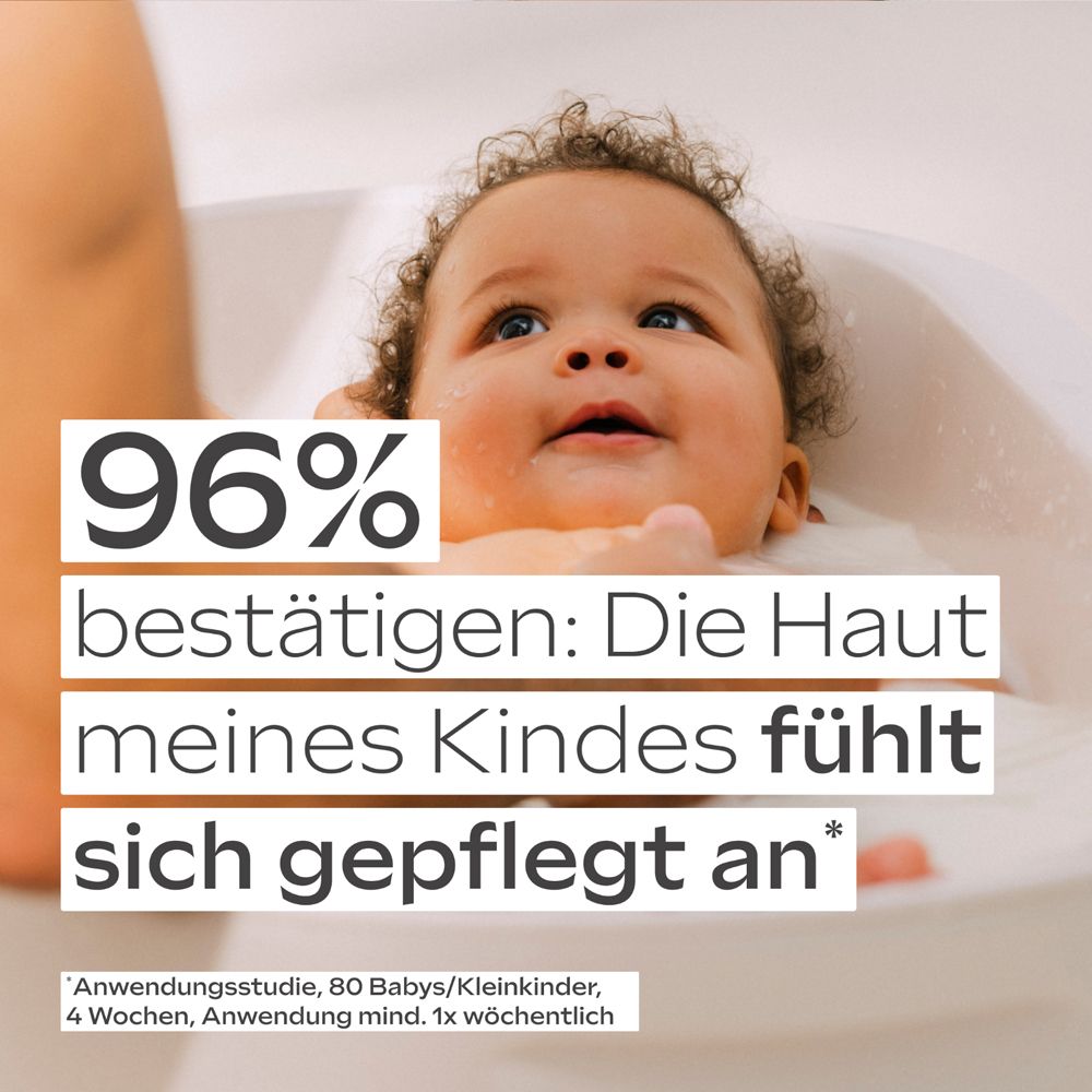 Bébé dans une baignoire. Texte: 96% confirment: La peau de mon enfant est soignée.