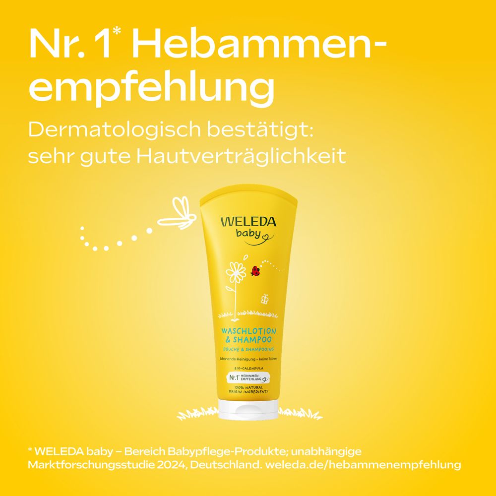 Tube jaune Weleda Baby Waschlotion & Shampoo. Texte: Recommandation n°1 des sages-femmes. Testé dermatologiquement.