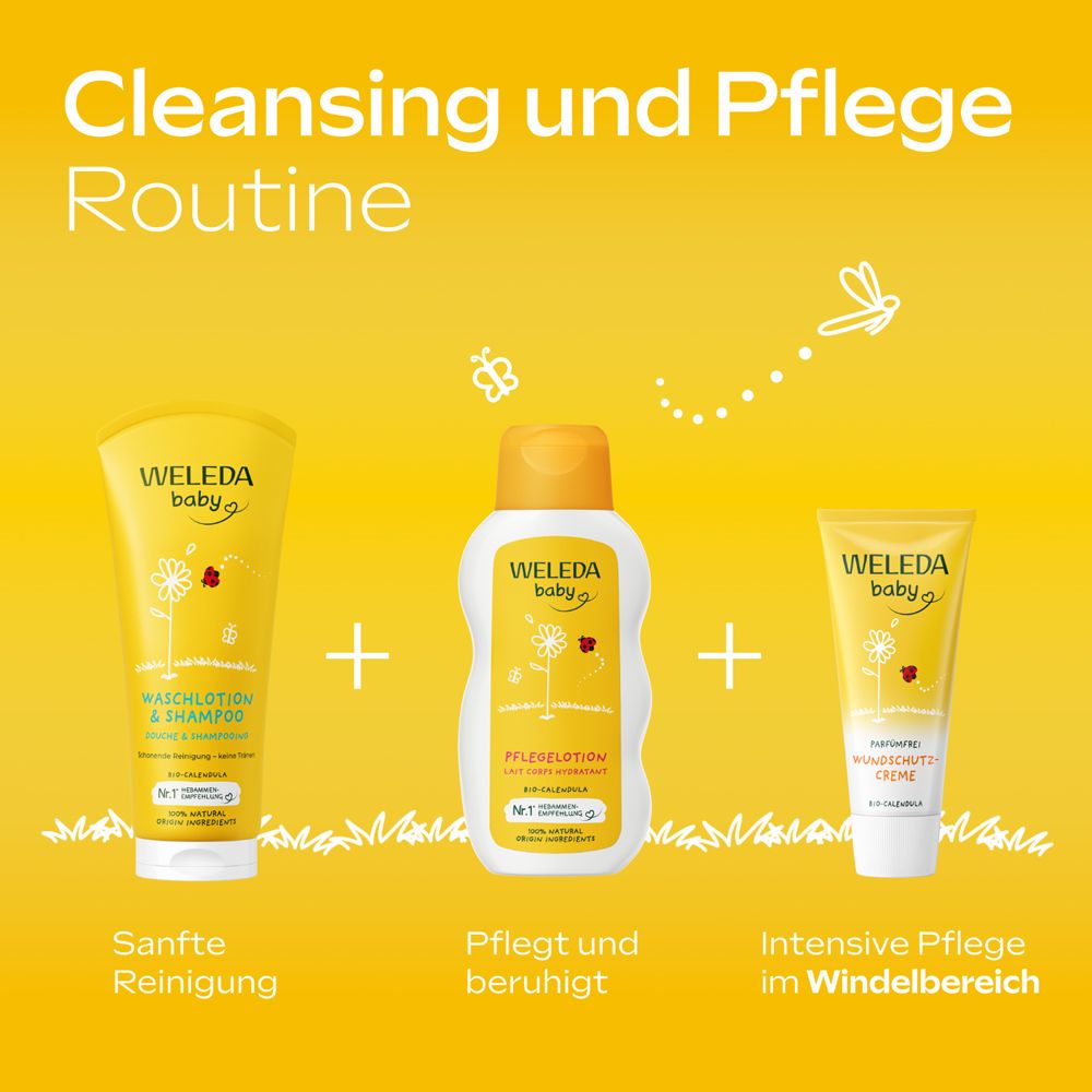 Trois produits Weleda Baby: Waschlotion & Shampoo, Pflegelotion, Wundschutzcreme. Texte: Routine de nettoyage et de soin.