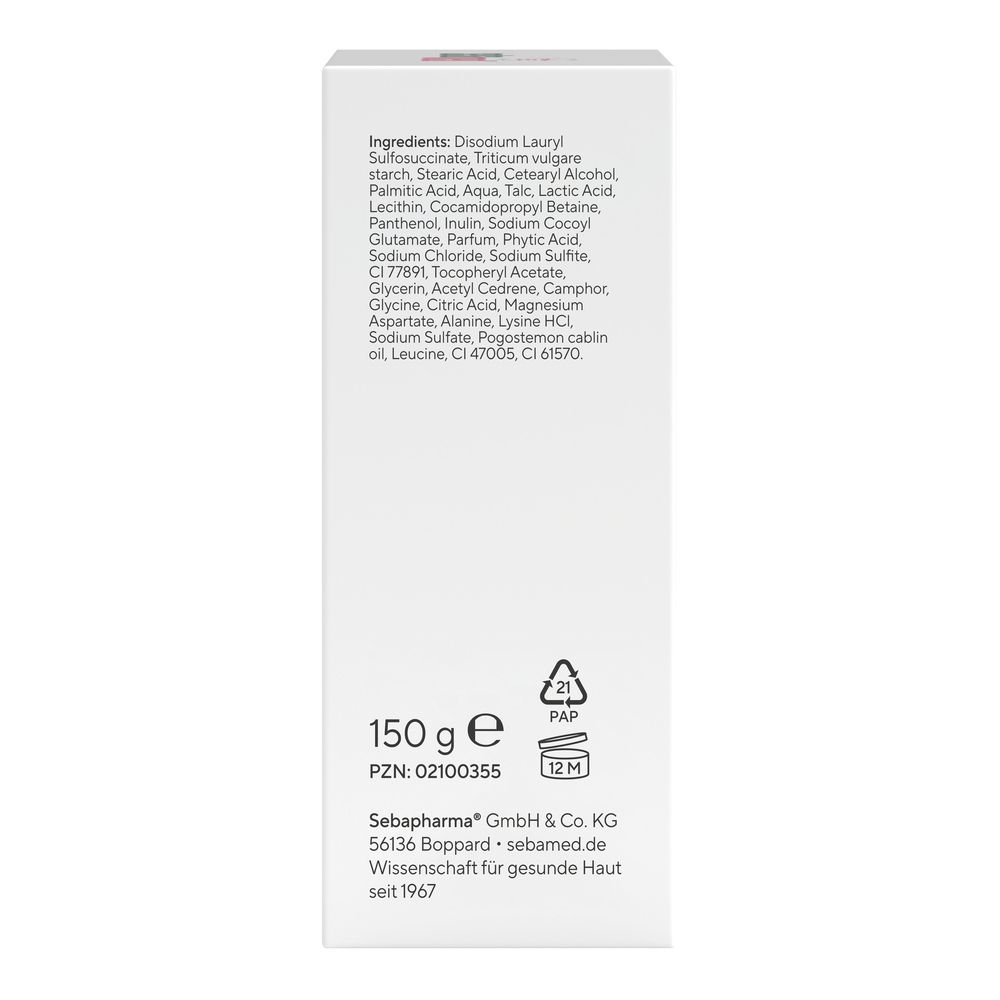 Dos de l'emballage blanc. Liste des ingrédients, 150g, PZN, symboles de recyclage. Adresse du fabricant : Sebapharma GmbH & Co. KG.