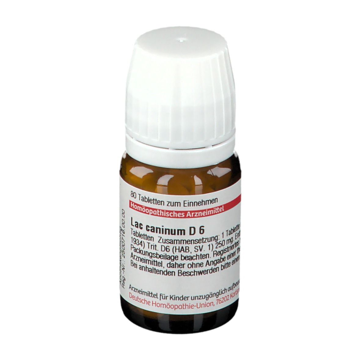 Braune Glasflasche mit weißem Deckel. Etikett mit Text: Lac caninum D6, 80 Tabletten. Deutsche Homöopathie-Union.