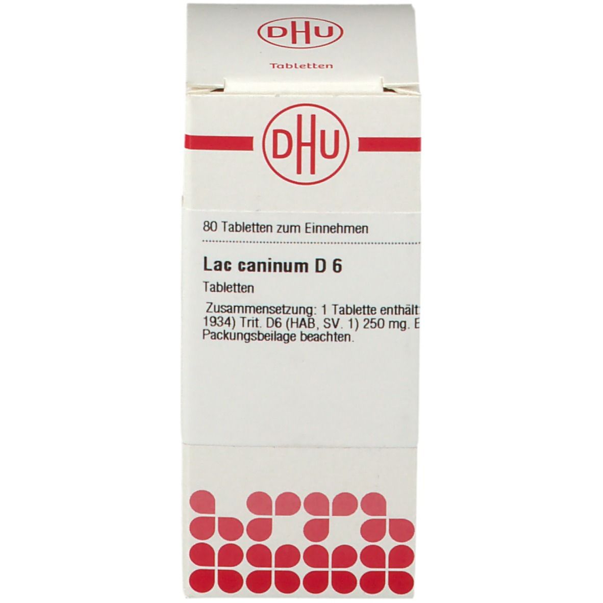 Karton mit DHU Logo und Text: Lac caninum D6, 80 Tabletten. Deutsche Homöopathie-Union.