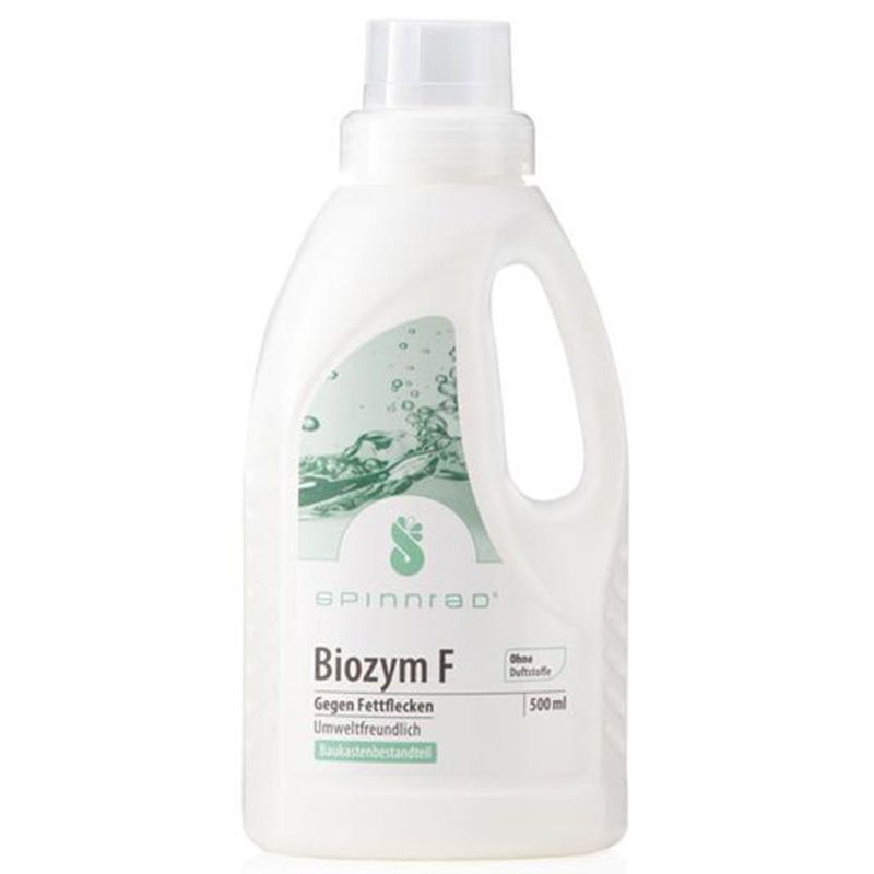 Bouteille blanche avec poignée, étiquette avec texte "Spinnrad Biozym F".