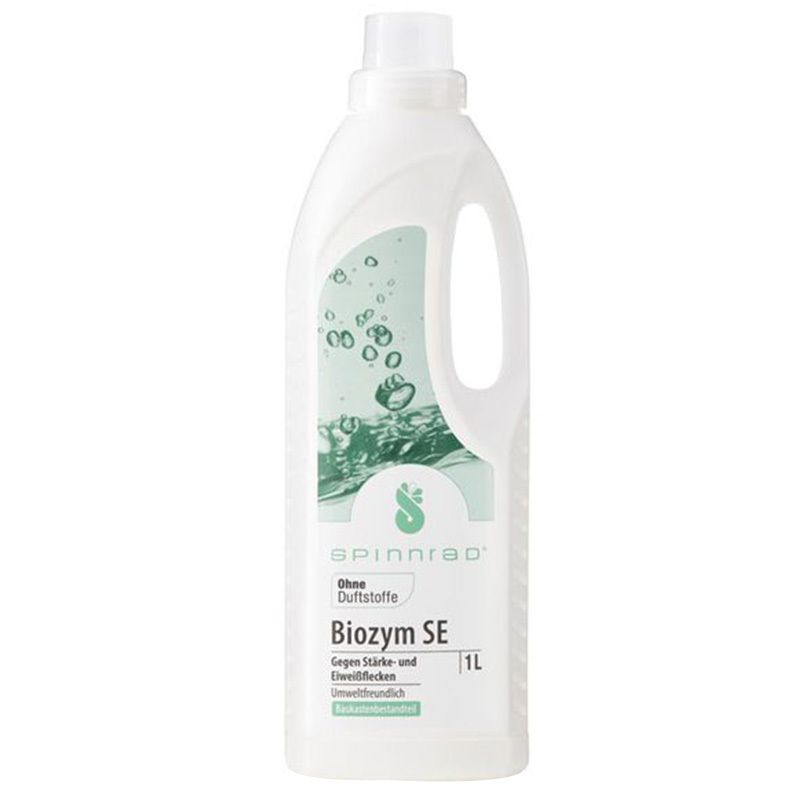 Bouteille blanche avec poignée, Spinnrad Biozym SE. Inscriptions : Sans parfum, Biozym SE, 1L. Graphique vert avec bulles.